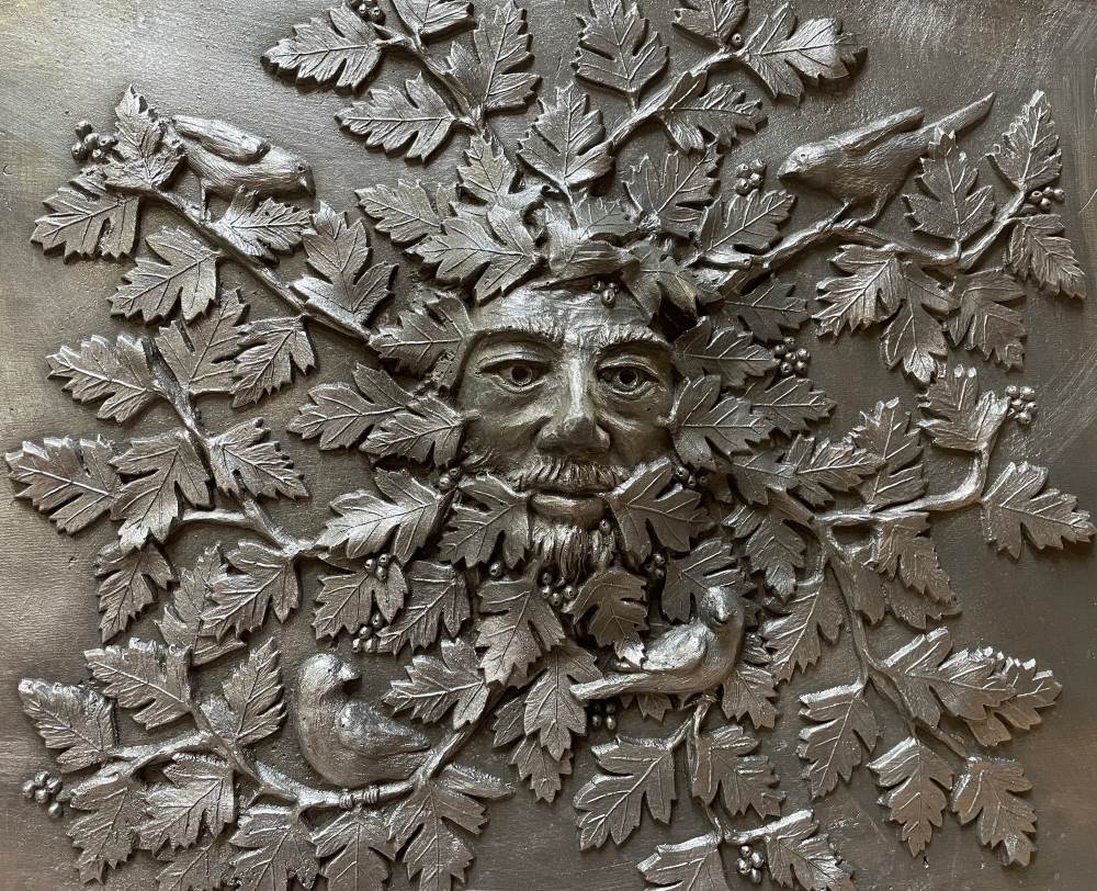 Large Hawthorn Green Man Lead Planter design in detail