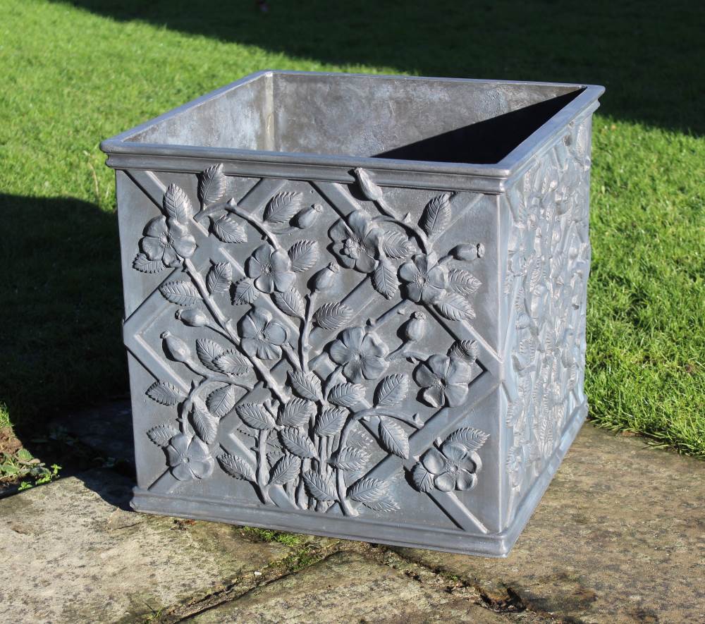 ARTS & CRAFTS DOG ROSES SQUARE LEAD PLANTER